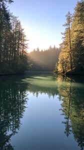Mist rising through a forest at sunrise