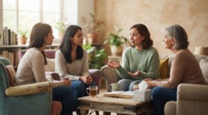 Support group gathered in compassionate care and reflection
