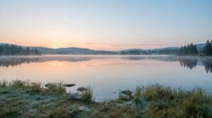 Sunrise over a still lake framed by evergreens