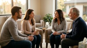A caring counseling circle in warm light