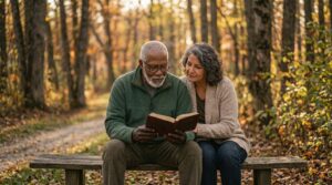 A couple reading together in warm light
