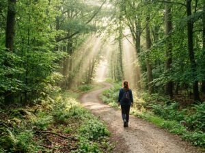 A quiet forest path in gentle morning light