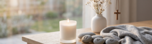 A memorial candle beside keepsake items in soft light