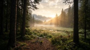 Sunrise breaking through mist over a forest meadow with a winding path