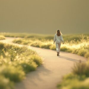 A woman walking a sunlit path â€” beginning the journey