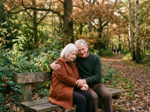 A couple embracing in quiet grief