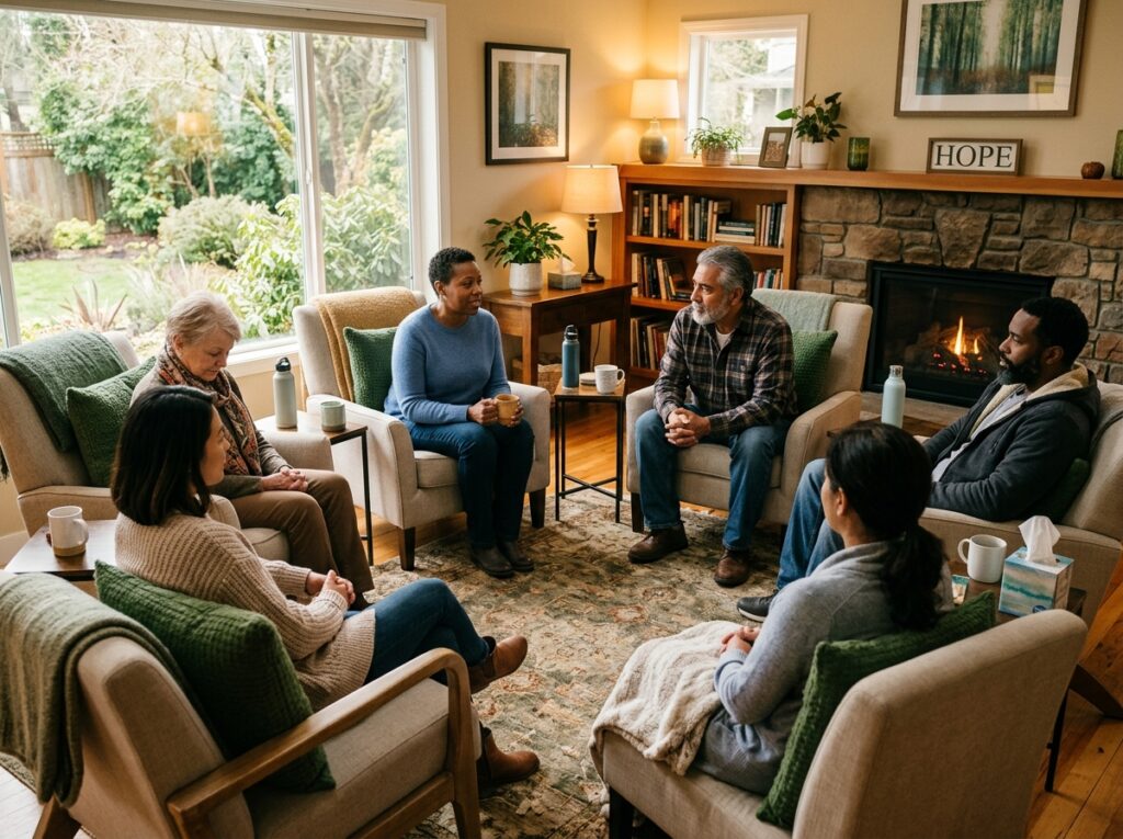 A support group gathered in a warm circle of care