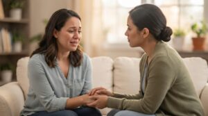 Two people in a gentle counseling conversation