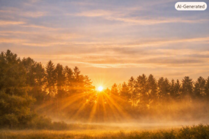 Sunrise breaking through misty forest trees